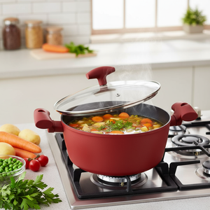 Roter Nora Fleischtopf auf Herd, Gemüsesuppe, Deckel halb geöffnet