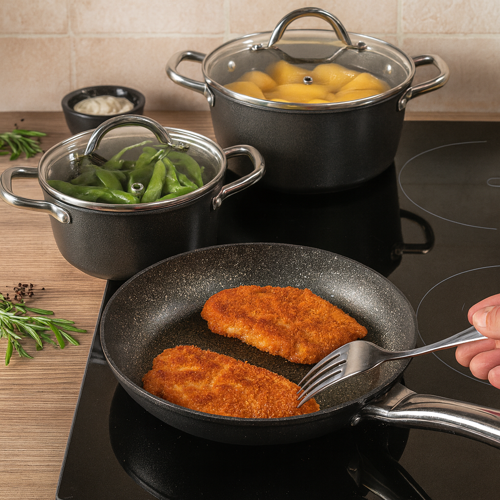 MICHELINO MARIE Kochtopf-Set auf Induktionsherd in moderner Küche – Gemüse und Schnitzel werden gekocht und gebraten, gleichmäßige Hitzeverteilung.