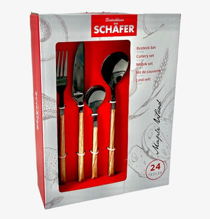 Schäfer 24‑tlg. Maple Wood Besteckset verpackt, Übersicht der Teile