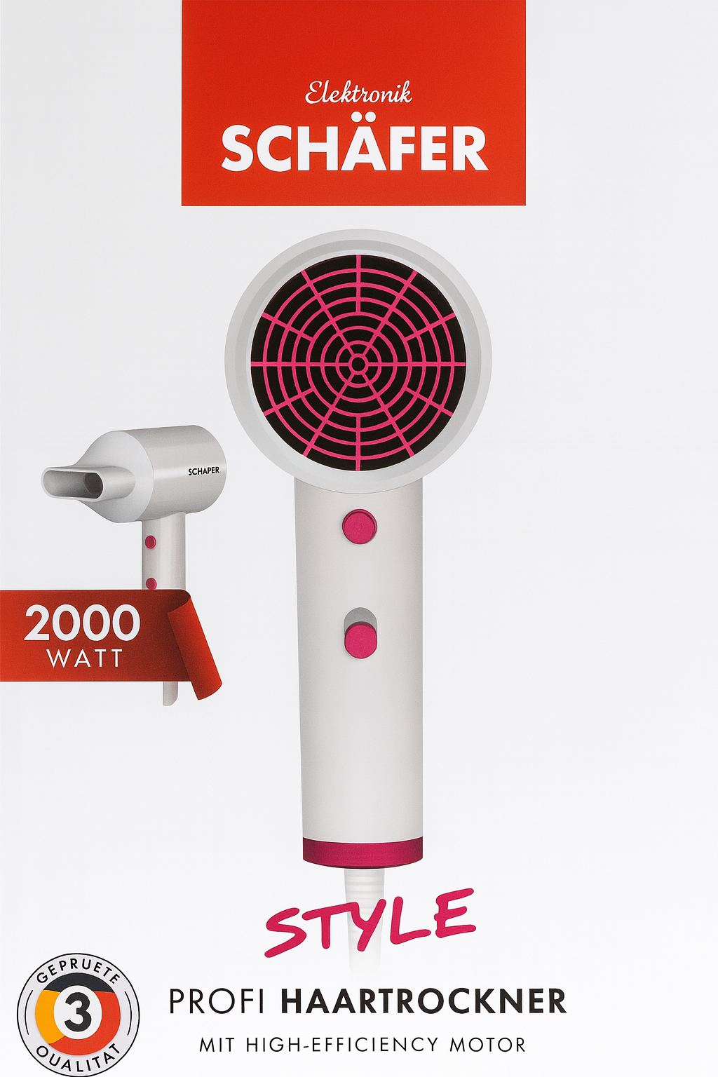 Verpackung des Elektronik Schäfer Style Profi Haartrockners mit 2000 Watt Leistung, rotem Design und Schriftzug „Mit High-Efficiency Motor“