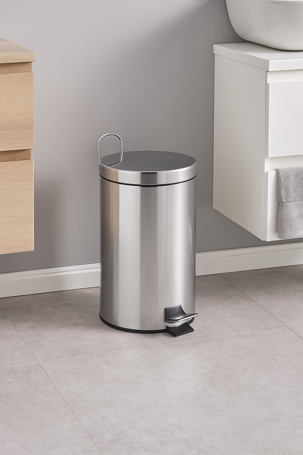 Hoffmanns Tretabfalleimer Set aus Edelstahl im modernen Badezimmer auf Fliesenboden, neben Waschbeckenunterschrank und Badewanne.