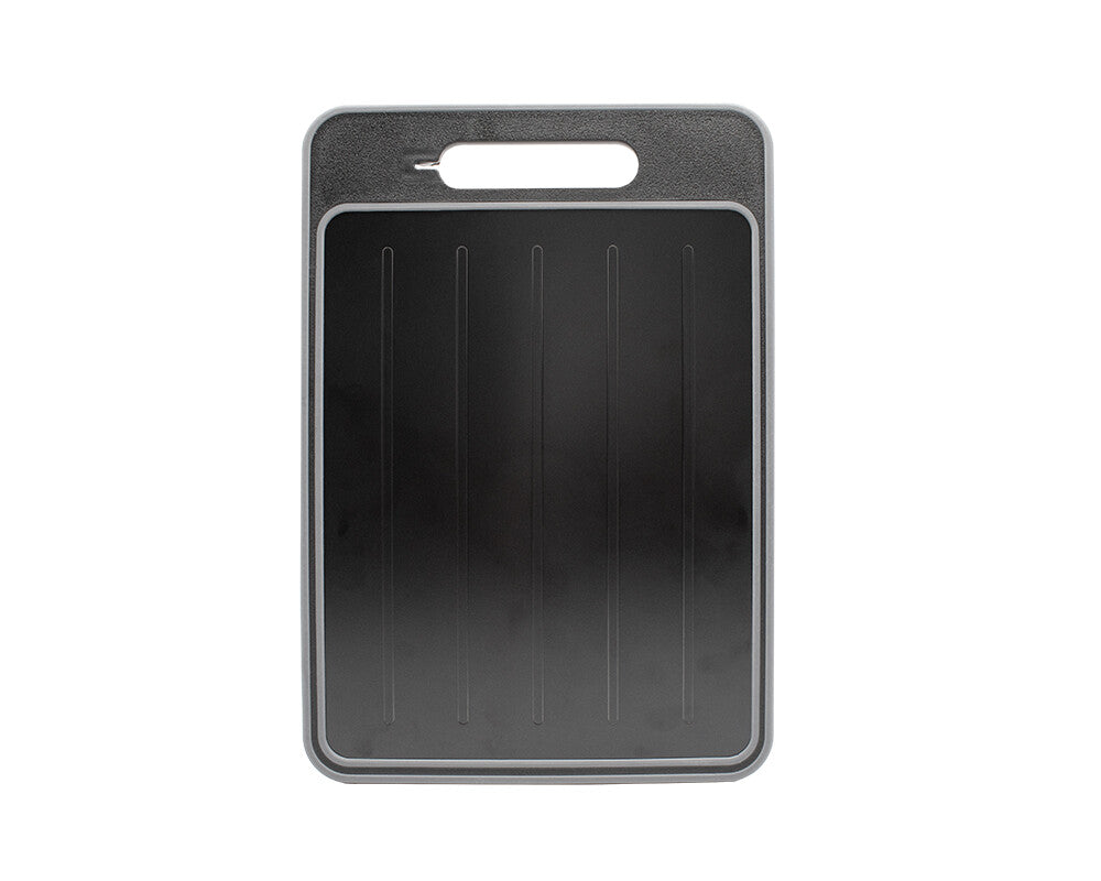 Michelino 4in1 Schneidebrett in Schwarz mit grauem Rand – robuste Kunststoffoberfläche mit Auftaufunktion und Griff.
