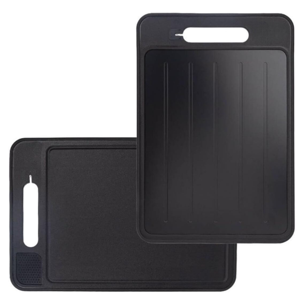 Vorder- und Rückseite des Michelino 4in1 Schneidebretts in Schwarz – mit Auftaufunktion, Reibe und Messerschärfer.