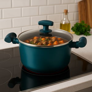 Michelino Fleischtopf Nora in Petrol auf Induktionsherd, gefüllt mit Eintopf aus Gemüse und Fleisch, realistisches Küchenumfeld.