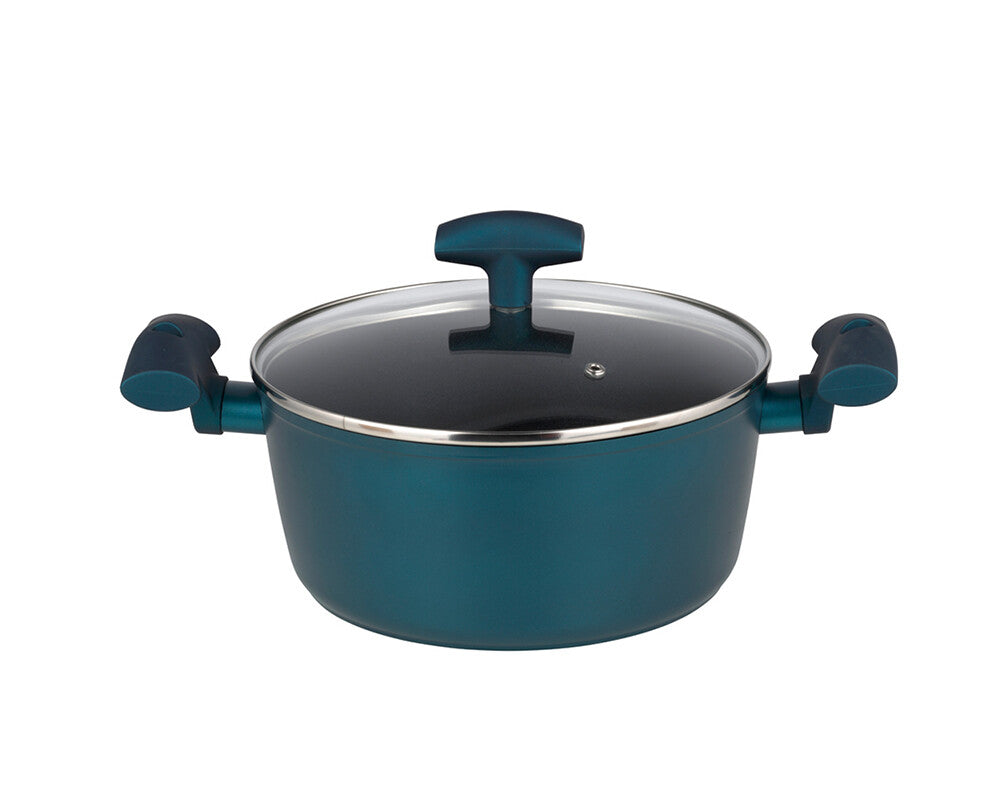 Michelino Fleischtopf Nora in Petrol mit Glasdeckel und Soft-Touch-Griffen, Antihaftbeschichtung, induktionsgeeignet.