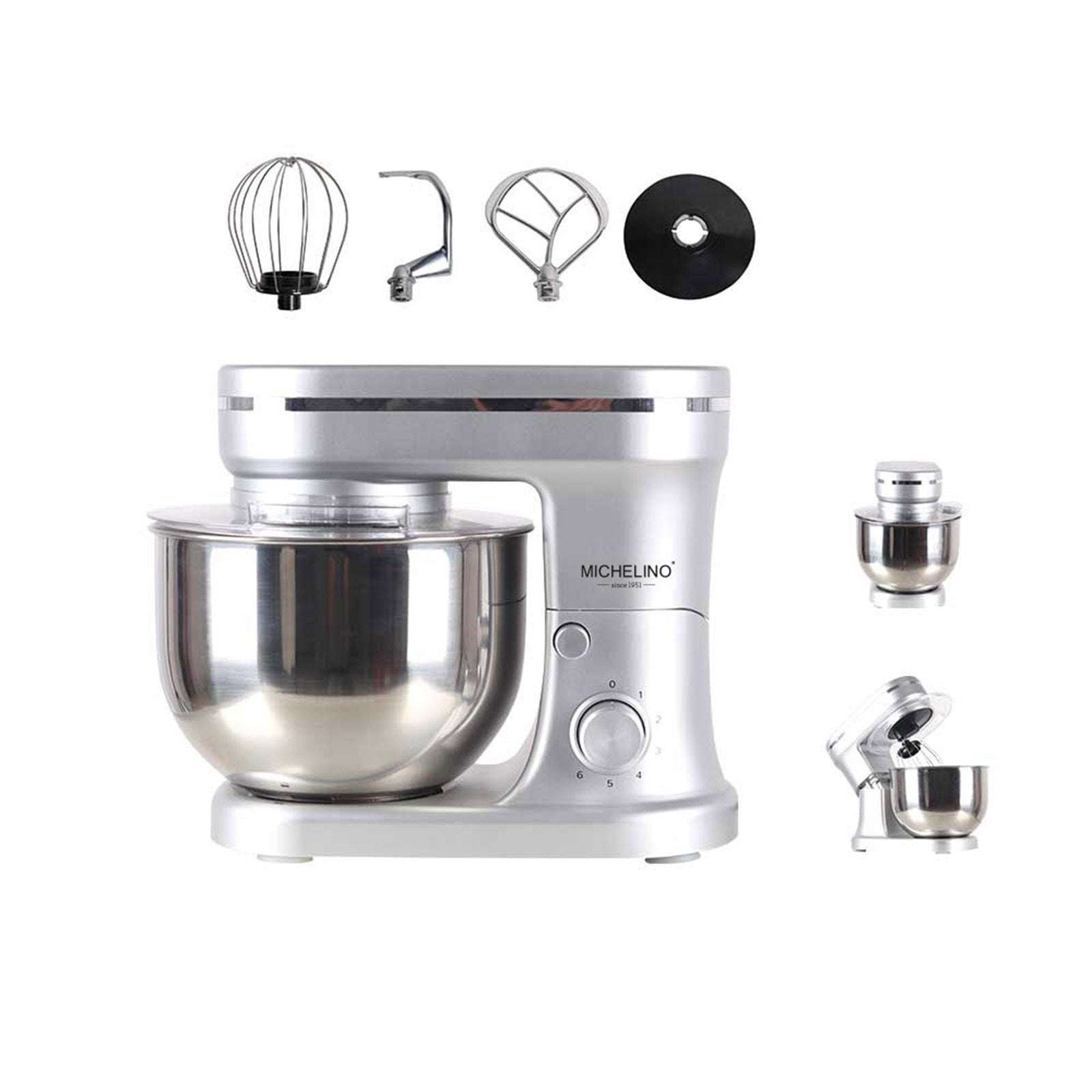 Michelino Küchenmaschine in Silber mit 5 L Edelstahlschüssel, Planetenrührsystem und Zubehör – Schneebesen, Knethaken und Rührhaken.
