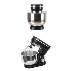 Michelino Küchenmaschine Schwarz – Detailansicht mit geöffneter Pop-Up-Kopfhebefunktion und 5 L Edelstahlschüssel, inklusive Spritzschutz.