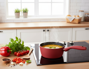 Michelino Nora Stieltopf 18 cm Rot auf Herd mit Glasdeckel und köchelnder Suppe