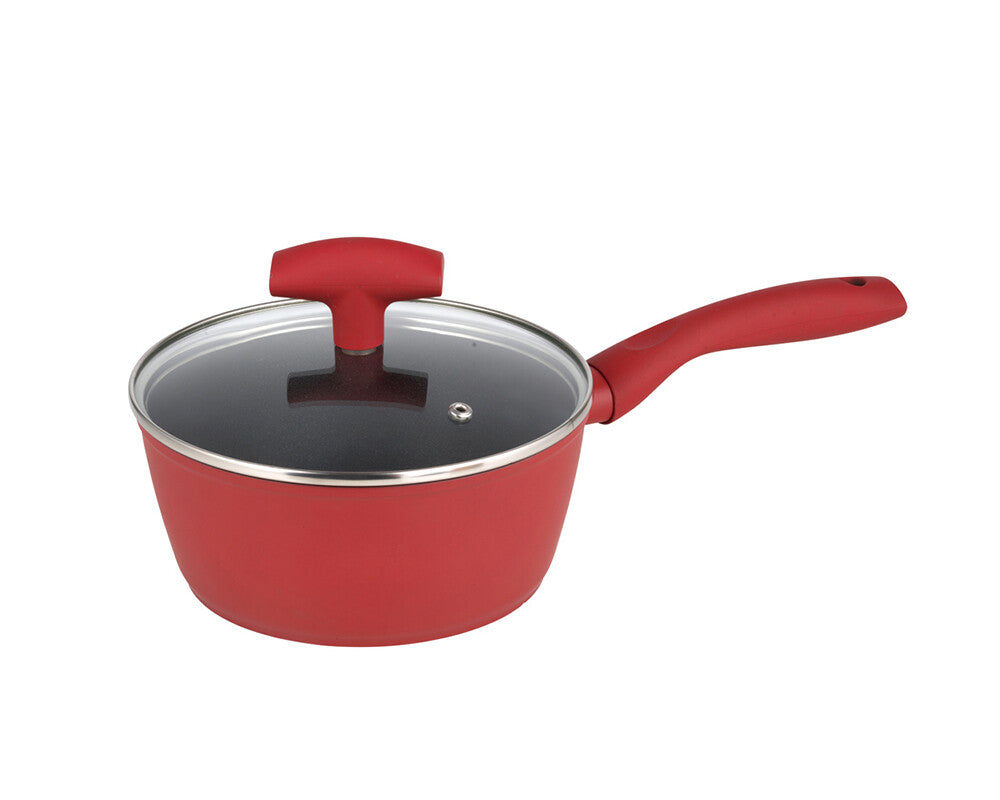 Michelino Nora Stieltopf 18 cm in Rot mit Glasdeckel und Soft-Touch-Griff