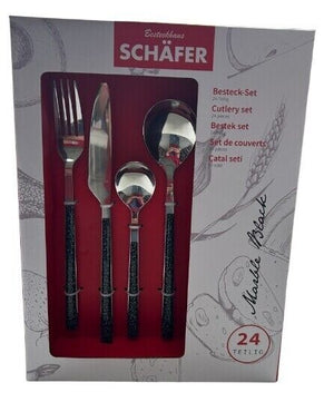 Verpackung des Schäfer Bestecksets 24-teilig Marble Schwarz, Besteck mit marmorierten Griffen, hochwertiges Design in roter Box.