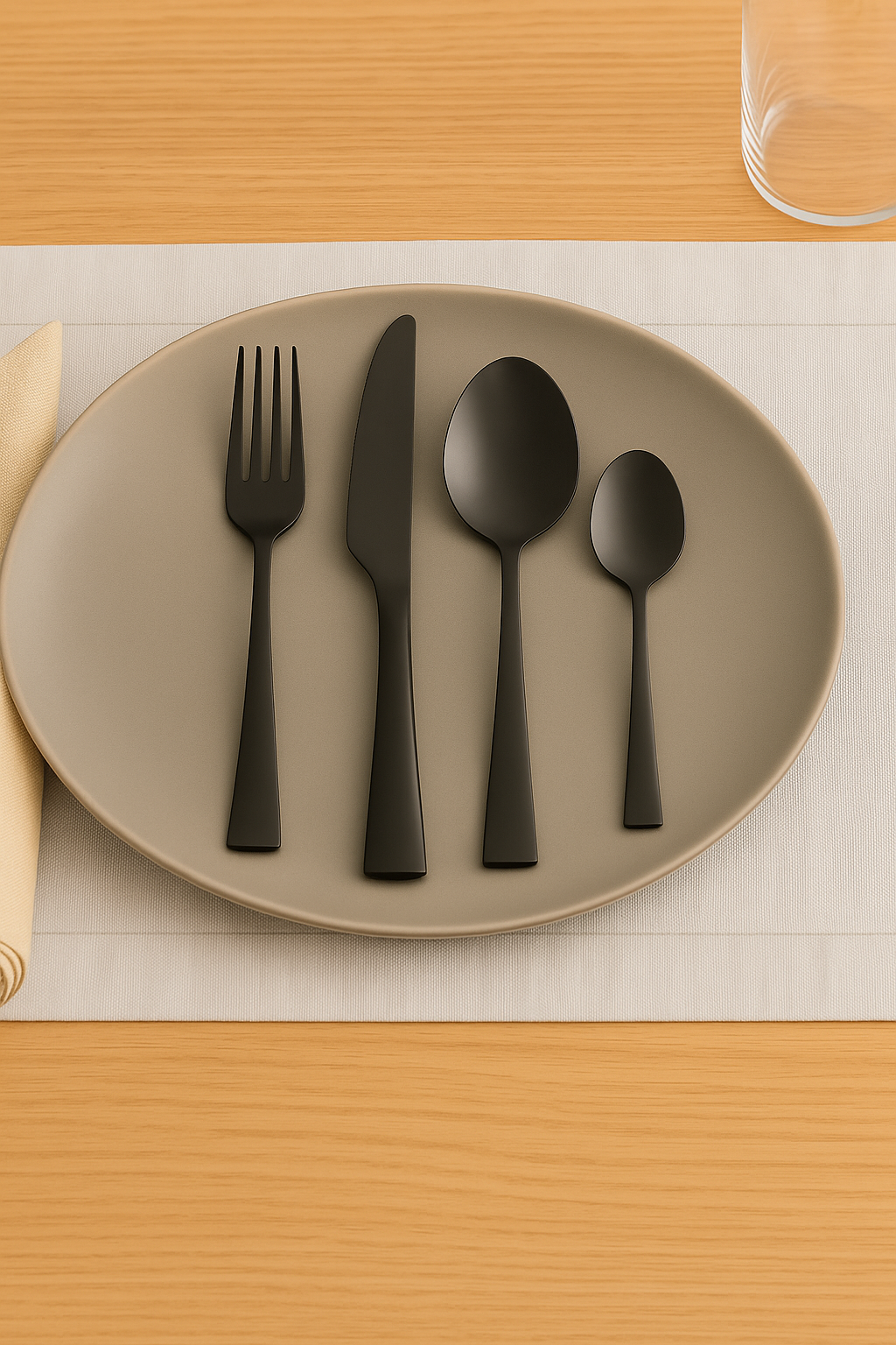 Schäfer Besteckset Metallic Black auf gedecktem Esstisch mit grauem Teller, Leinenserviette und Holzuntergrund