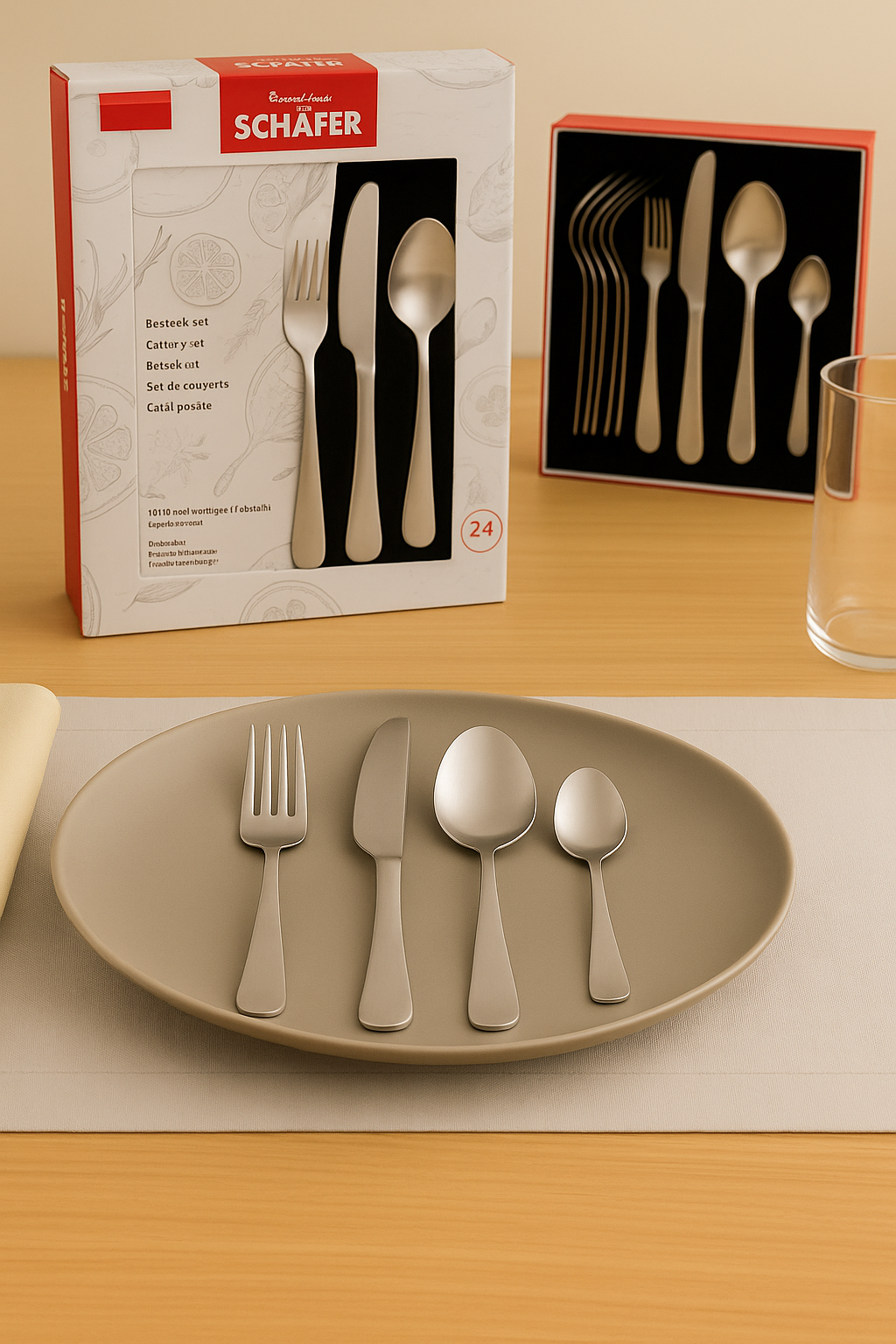 Schäfer Besteckset Serie Sare aus Edelstahl 18/10 auf gedecktem Tisch mit grauem Teller, Serviette und Glas im modernen Stil