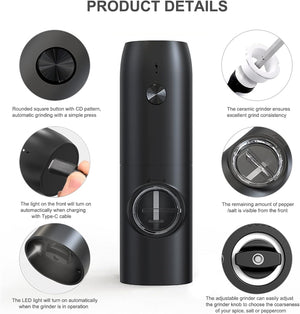 Produktdetails der Elektronik Schäfer elektrischen Gewürzmühle in Schwarz mit Beschriftungen zu LED-Licht, Type-C-Ladung, Keramikmahlwerk und einstellbarem Mahlgrad.