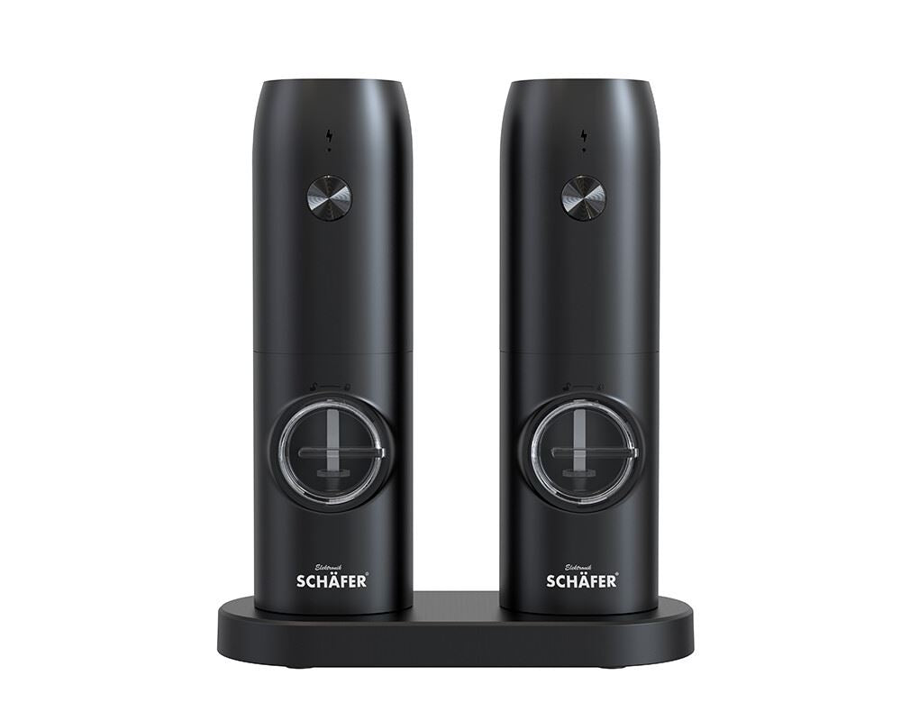 Elektronik Schäfer elektrische Gewürzmühle Set in Schwarz mit zwei Mühlen und USB-Ladestation, modernes Design mit Keramikmahlwerk.