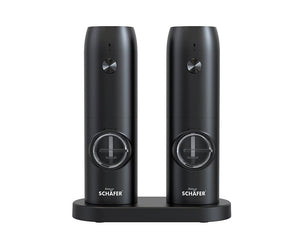 Elektronik Schäfer elektrische Gewürzmühle Set in Schwarz mit zwei Mühlen und USB-Ladestation, modernes Design mit Keramikmahlwerk.