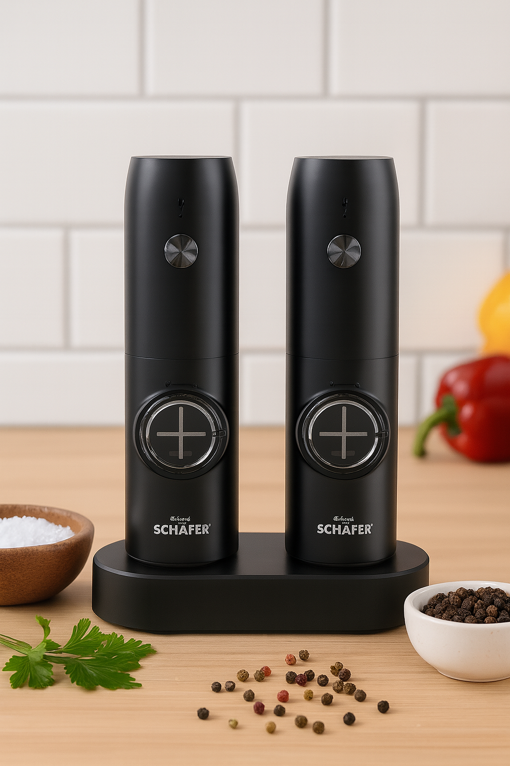 Zwei schwarze Elektronik Schäfer elektrische Gewürzmühlen mit Basisstation auf einem Holztisch, umgeben von Salz, Pfeffer und frischen Kräutern in moderner Küche.