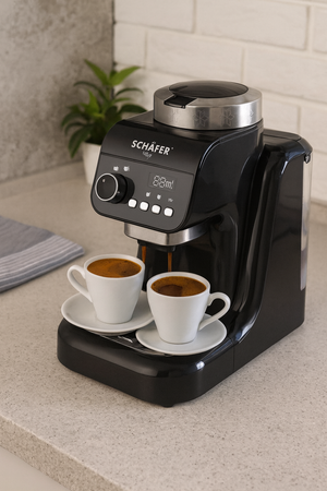 Schäfer Türkische Kaffeemaschine in Schwarz/Silber auf einer modernen Küchenarbeitsplatte mit zwei Tassen frisch gebrühtem türkischen Kaffee und aufsteigendem Dampf, in heller, realistischer Umgebung.