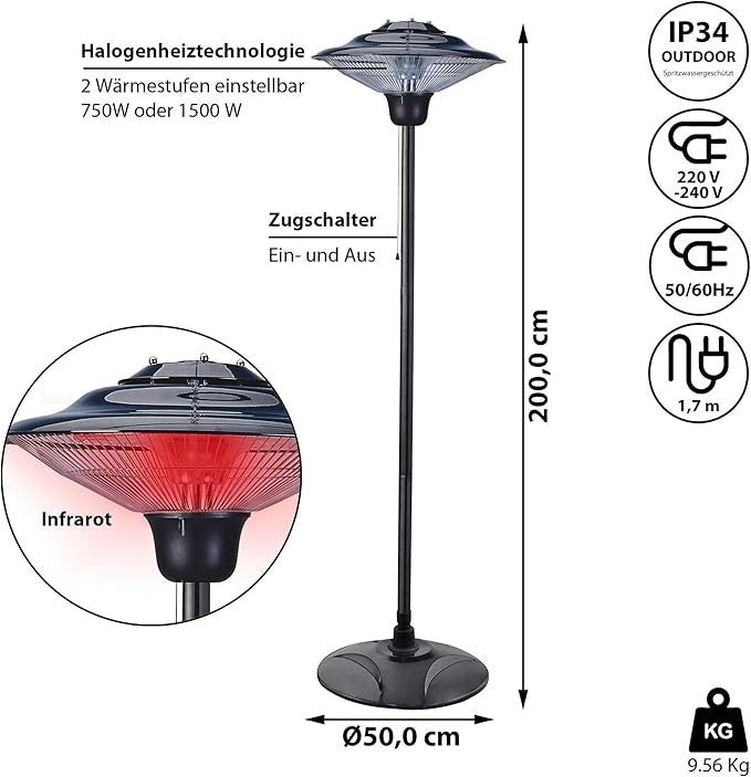 Cepewa Elektro Terrassen Heizstrahler zum Stellen| 750-1500 Watt |