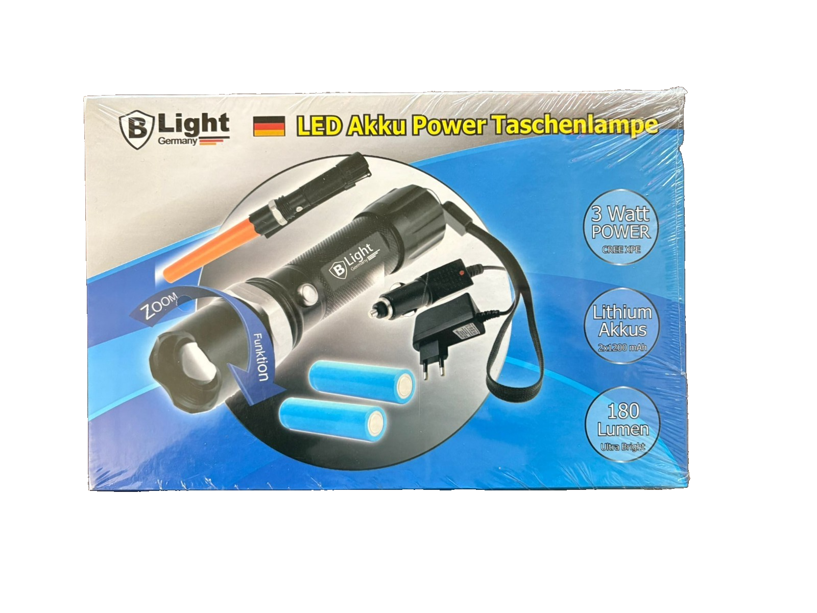 LED Akku Power Taschenlampe 180 Lumen mit Zoom und SOS Funktion