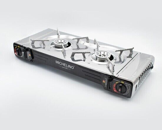 Michelino Gaskocher / Campingkocher - doppelt flammig - mit Tragekoffer Schwarz