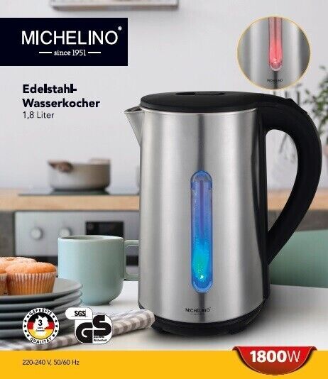 Michelino Wasserkocher LED Matt Edelstahl Silber 1,8L farbig LED Licht