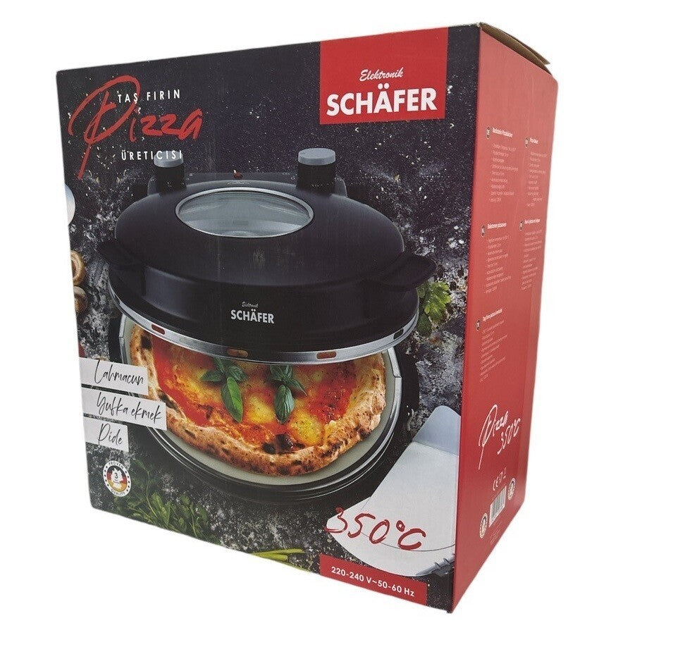 Pizzaofen 32cm mit Zubehör, Schwarz matt, Keramikstein, Vorwärmefunktion