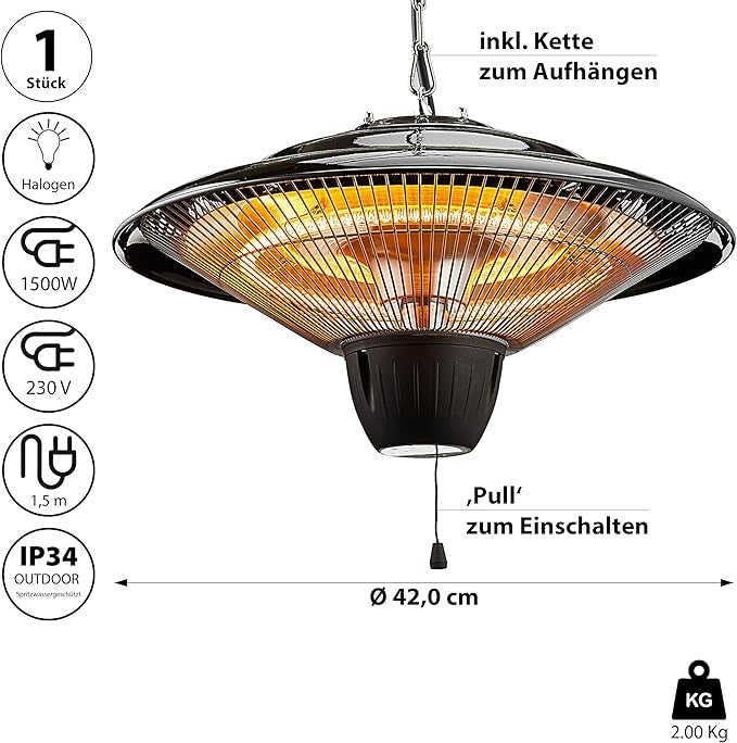 Deckenheizstrahler | Halogen Heizpilz zum hängen | Ø 42cm | 1500 Watt