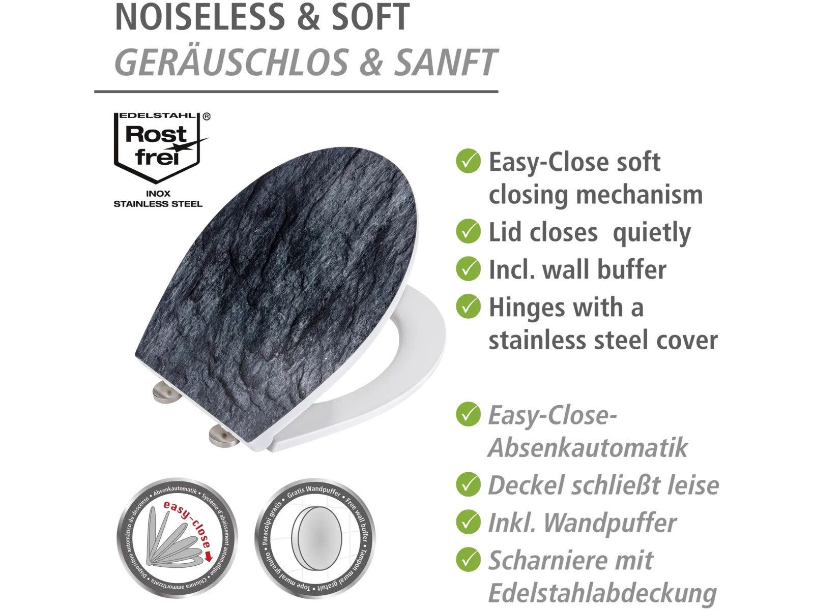 Premium WC-Sitz Mod. Slate Rock mit Relief, aus antibakteriellem Duroplast