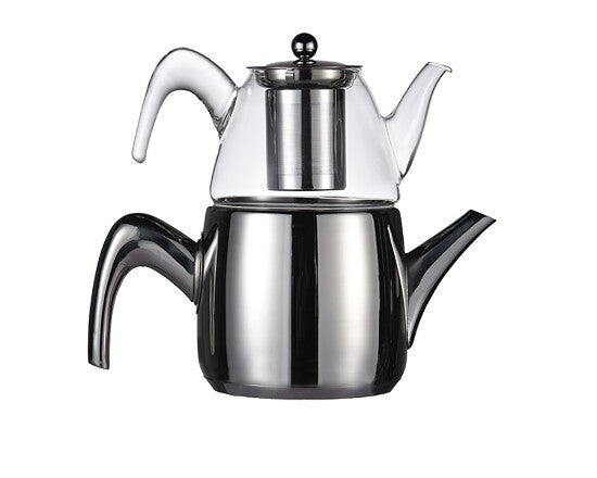 Doppel-Edelstahl-Glas Teekanne 1500/ 900ml Induktion geeignet