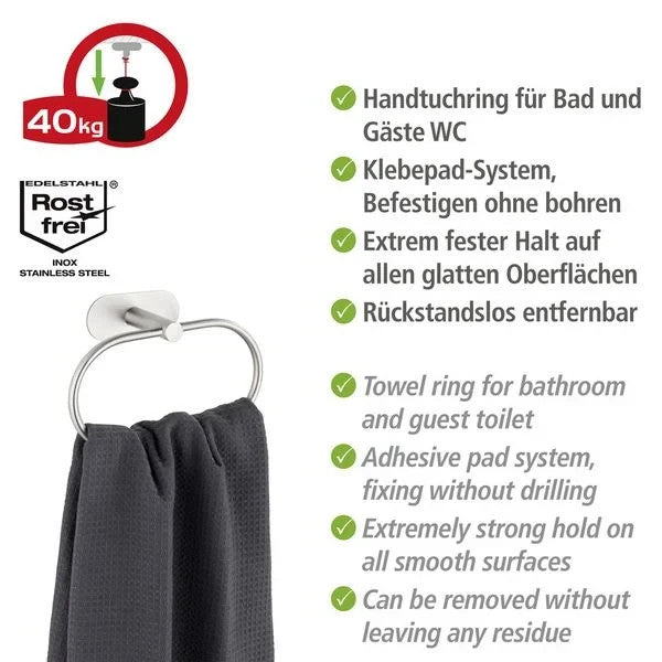 Wenko Handtuchring Turbo-Loc Edelstahl Orea Matt ohne Bohren mit Kleepad System