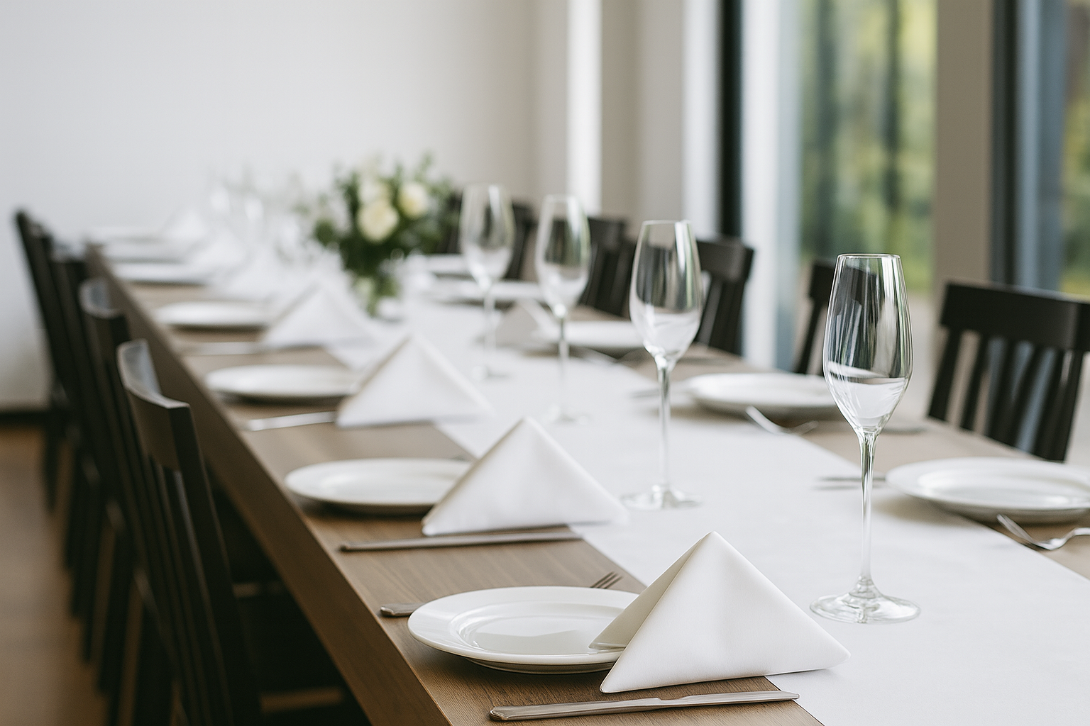 Michelino Besteckset Boston auf gedecktem Esstisch mit Tellern, Gläsern und Servietten – modernes Design in Edelstahl