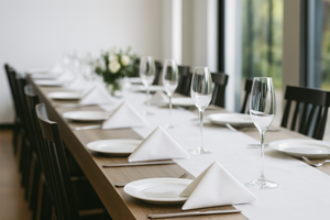 Michelino Besteckset Boston auf gedecktem Esstisch mit Tellern, Gläsern und Servietten – modernes Design in Edelstahl