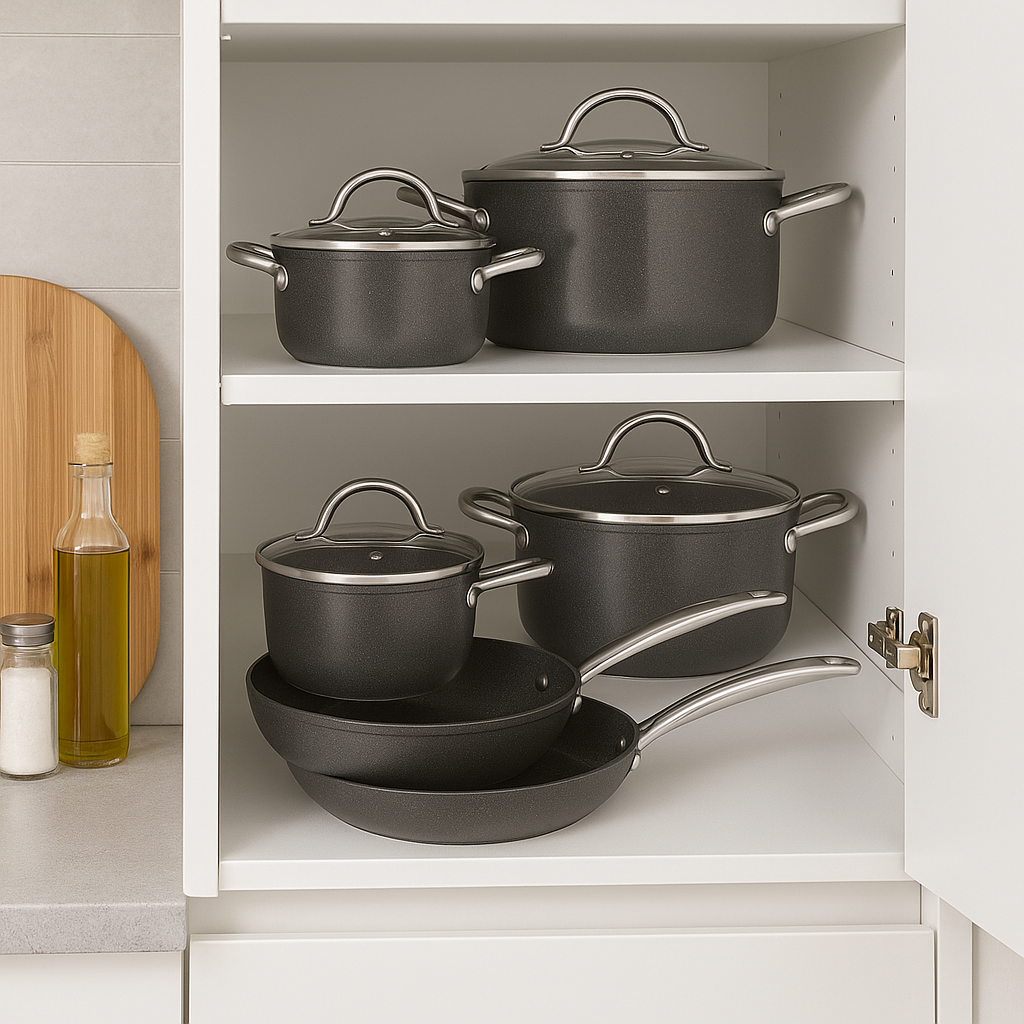 MICHELINO MARIE 7-teiliges Kochgeschirr-Set ordentlich im Küchenschrank gestapelt – stilvolle Aufbewahrung von Pfannen und Töpfen mit Glasdeckeln.