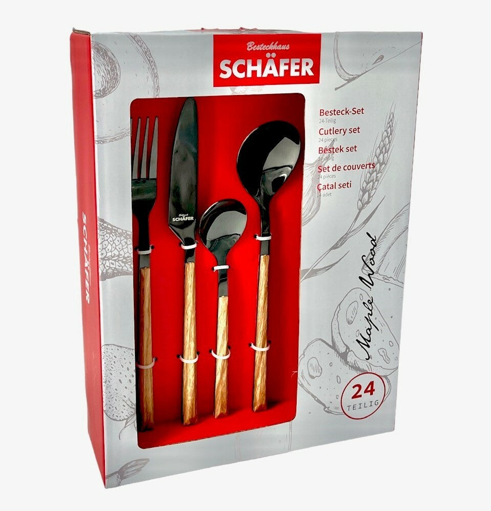 Schäfer 24‑tlg. Maple Wood Besteckset verpackt, Übersicht der Teile