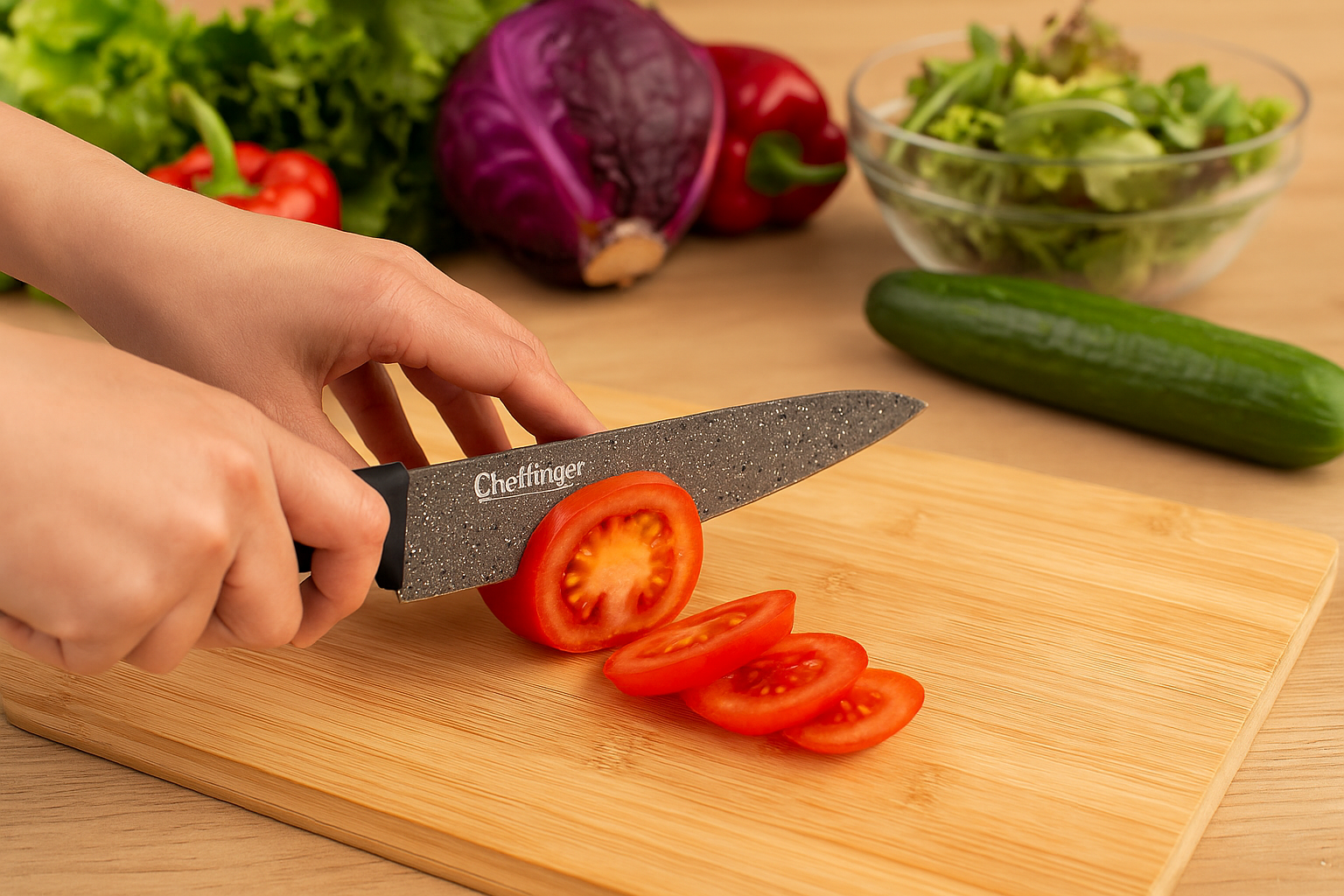 Cheffinger Messer mit Granitbeschichtung schneidet Tomaten auf Holzbrett in moderner Küche.