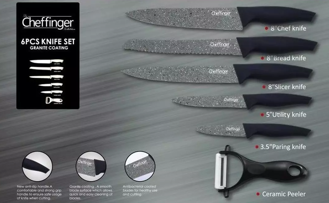 Cheffinger Küchenmesser mit Granitbeschichtung – Set aus Kochmesser, Brotmesser, Universalmesser, Schälmesser und Schäler.