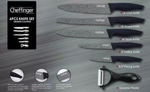 Cheffinger Küchenmesser mit Granitbeschichtung – Set aus Kochmesser, Brotmesser, Universalmesser, Schälmesser und Schäler.
