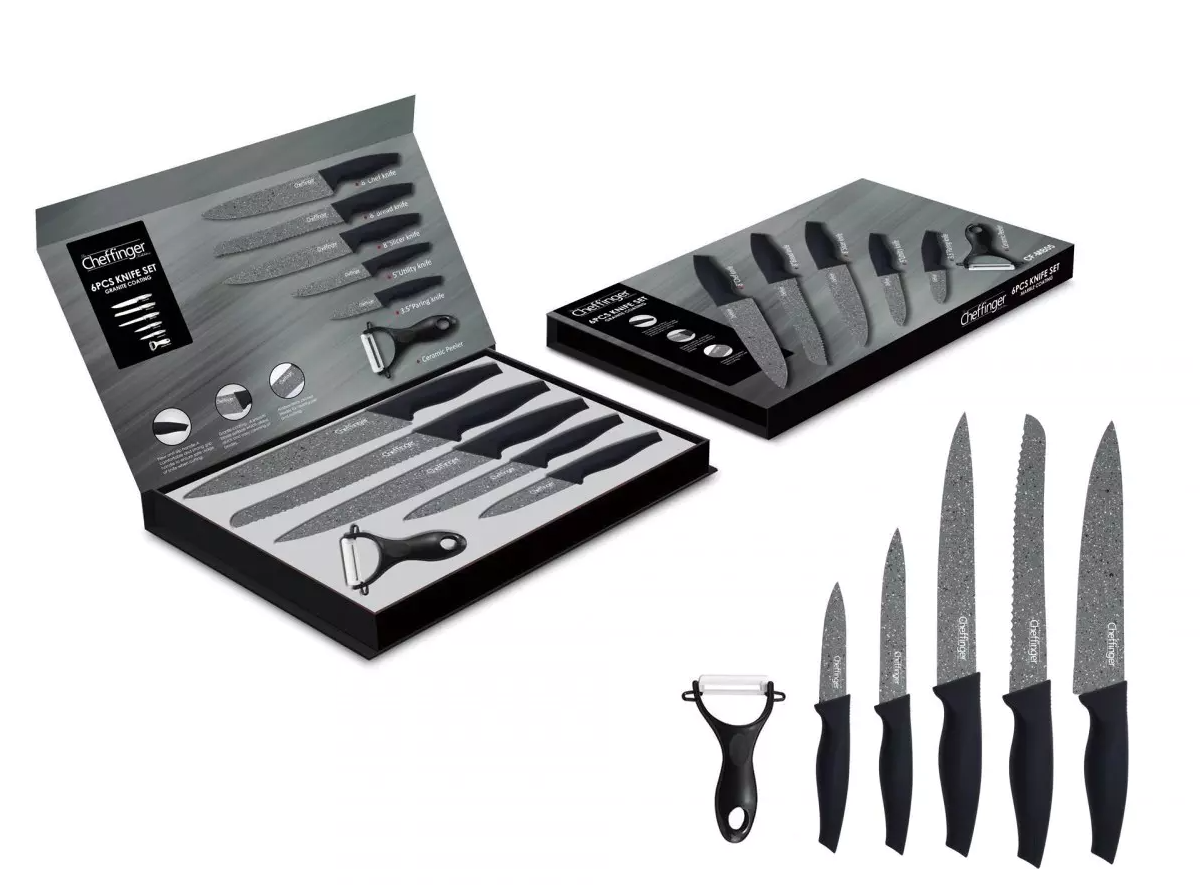 Cheffinger 6-teiliges Messerset mit Granitbeschichtung in Magnetbox mit fünf Messern und Schäler.