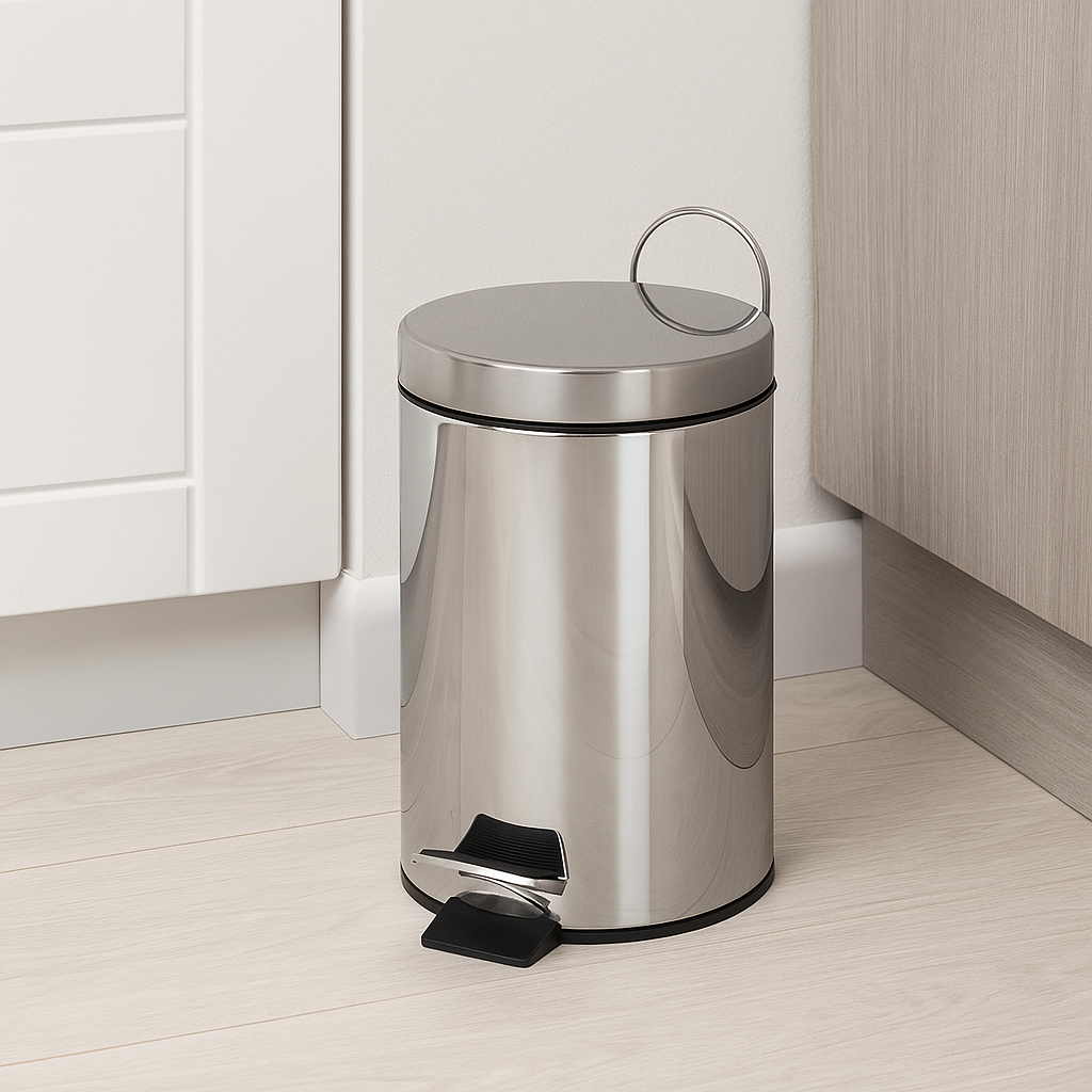 Kleiner Hoffmanns Edelstahl-Tretabfalleimer mit Fußpedal in moderner heller Küche auf Holzfußboden.