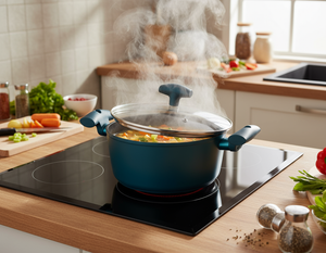 Michelino Fleischtopf Nora in Petrol auf moderner Küchenarbeitsplatte, kochendes Gemüse mit aufsteigendem Dampf unter Glasdeckel.