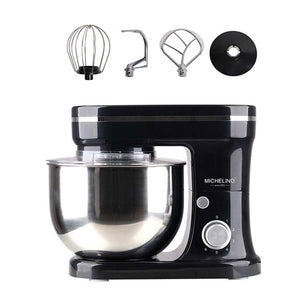 Michelino Küchenmaschine in Schwarz mit 5 L Edelstahlschüssel, 1200 W Leistung, Planetenrührsystem und drei Aufsätzen – Schneebesen, Knethaken und Rührhaken.