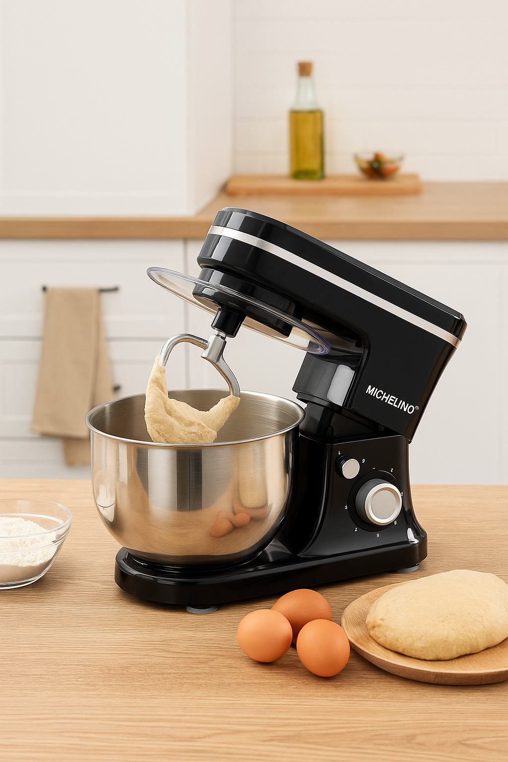 Michelino Küchenmaschine Schwarz im Einsatz auf einer Küchenarbeitsplatte – Teig wird in der Edelstahlschüssel geknetet, daneben liegen Eier und Mehl.