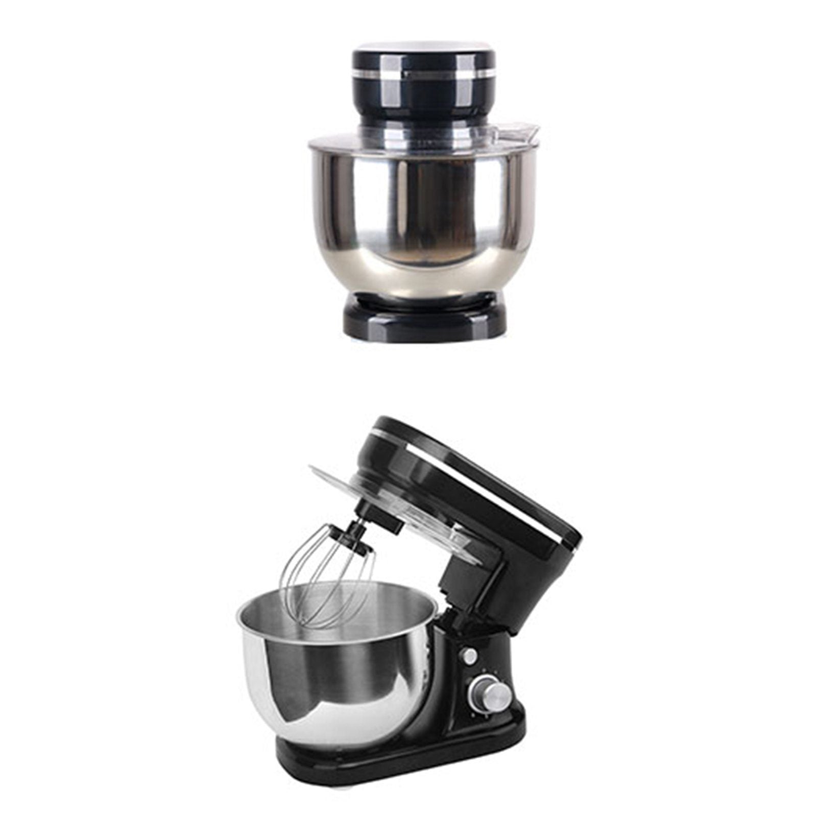 Michelino Küchenmaschine Schwarz – Detailansicht mit geöffneter Pop-Up-Kopfhebefunktion und 5 L Edelstahlschüssel, inklusive Spritzschutz.