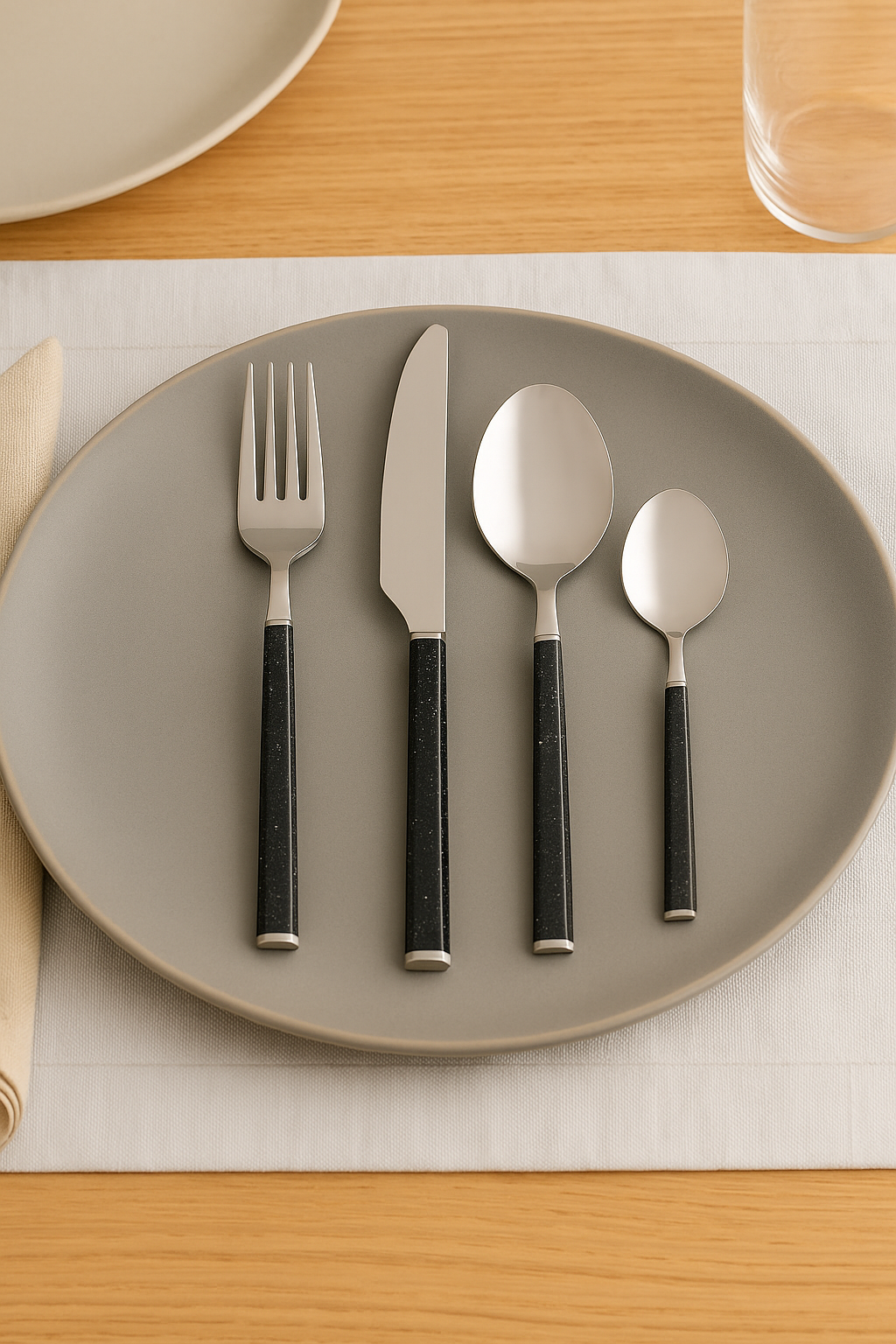 Schäfer Besteckset 24-teilig Marble Schwarz auf grauem Teller, edles Design mit marmorierten Griffen, Edelstahl hochglanzpoliert, ideal für 6 Personen.