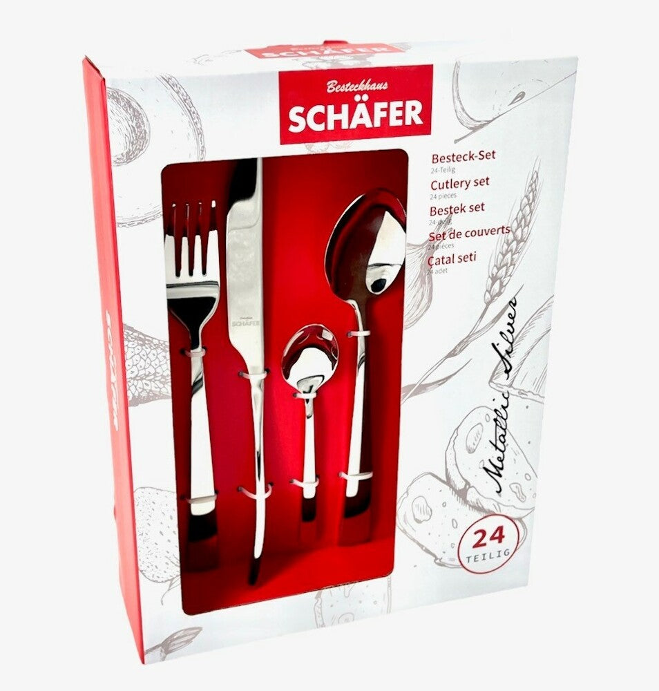 Schäfer Besteckset 24-teilig Metallic Silber in eleganter Verpackung mit rotem Innenkarton und Sichtfenster