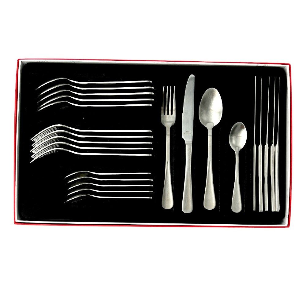 Schäfer Besteckset Serie Sare 24-teilig elegant arrangiert im schwarzen Karton mit Gabeln, Messern, Löffeln und Teelöffeln