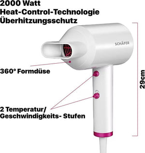 Schäfer Haartrockner Weiß 2000 W mit 360° Styling-Düse und ergonomischem Griff Erläuterung