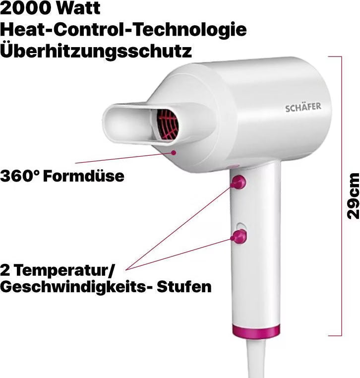 Schäfer Haartrockner Weiß 2000 W mit 360° Styling-Düse und ergonomischem Griff Erläuterung